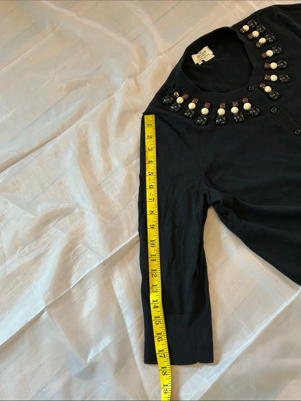 kate spade Black Embellished Crewneck Cardigan with Ivory and Brown Beads